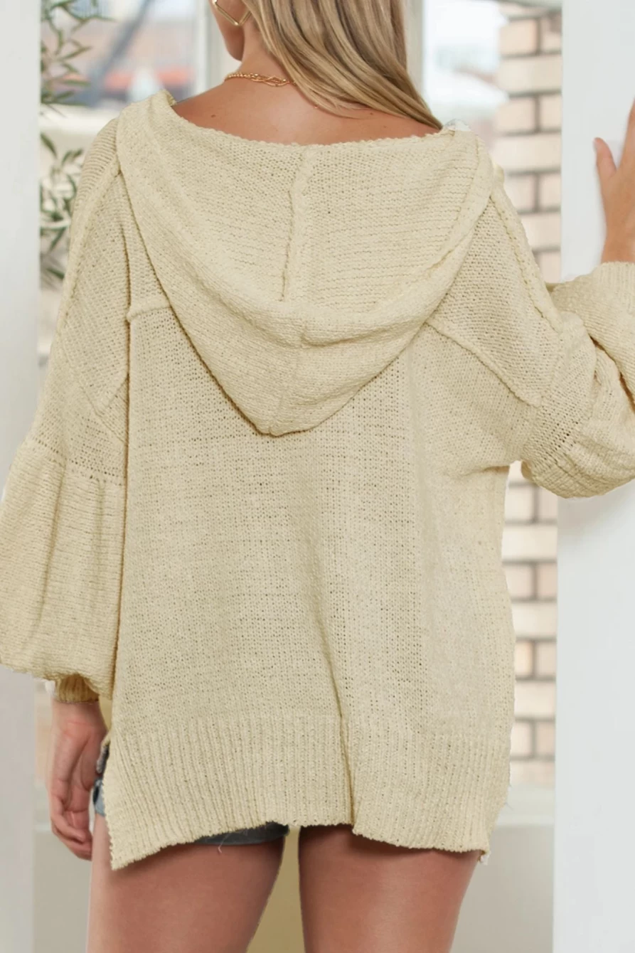 Shewin Women's Beige Oversized Balloon Sleeve Hooded Sweater - Cozy Knit Pullover