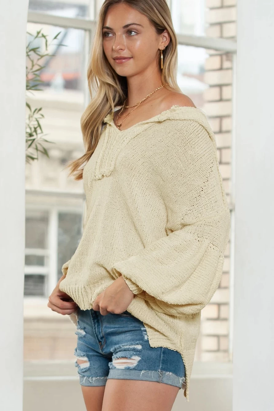 Shewin Women's Beige Oversized Balloon Sleeve Hooded Sweater - Cozy Knit Pullover