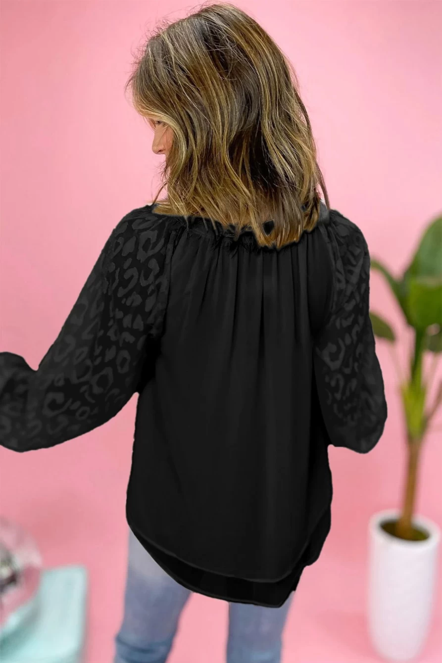 Shewin Women's Black Leopard Print Lantern Sleeve Fringe Tie Front Blouse