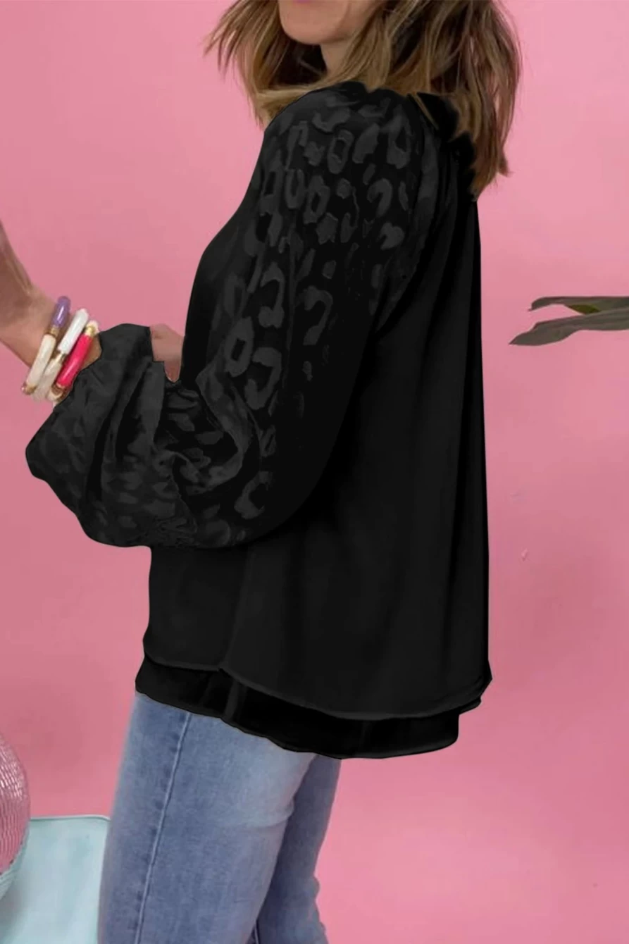Shewin Women's Black Leopard Print Lantern Sleeve Fringe Tie Front Blouse