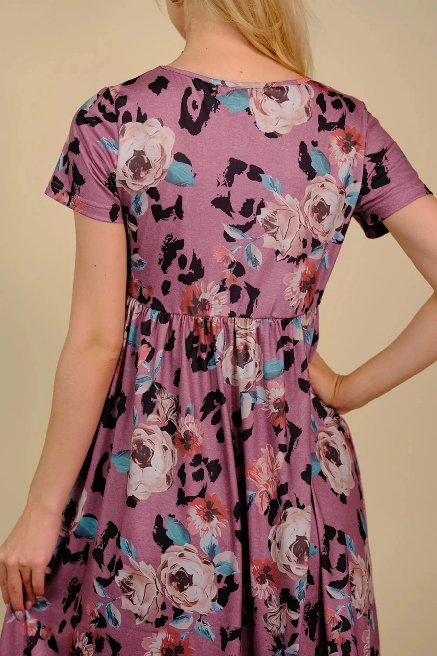 Shewin Women's Red Floral Print Short Sleeve A-Line High Waist Dress