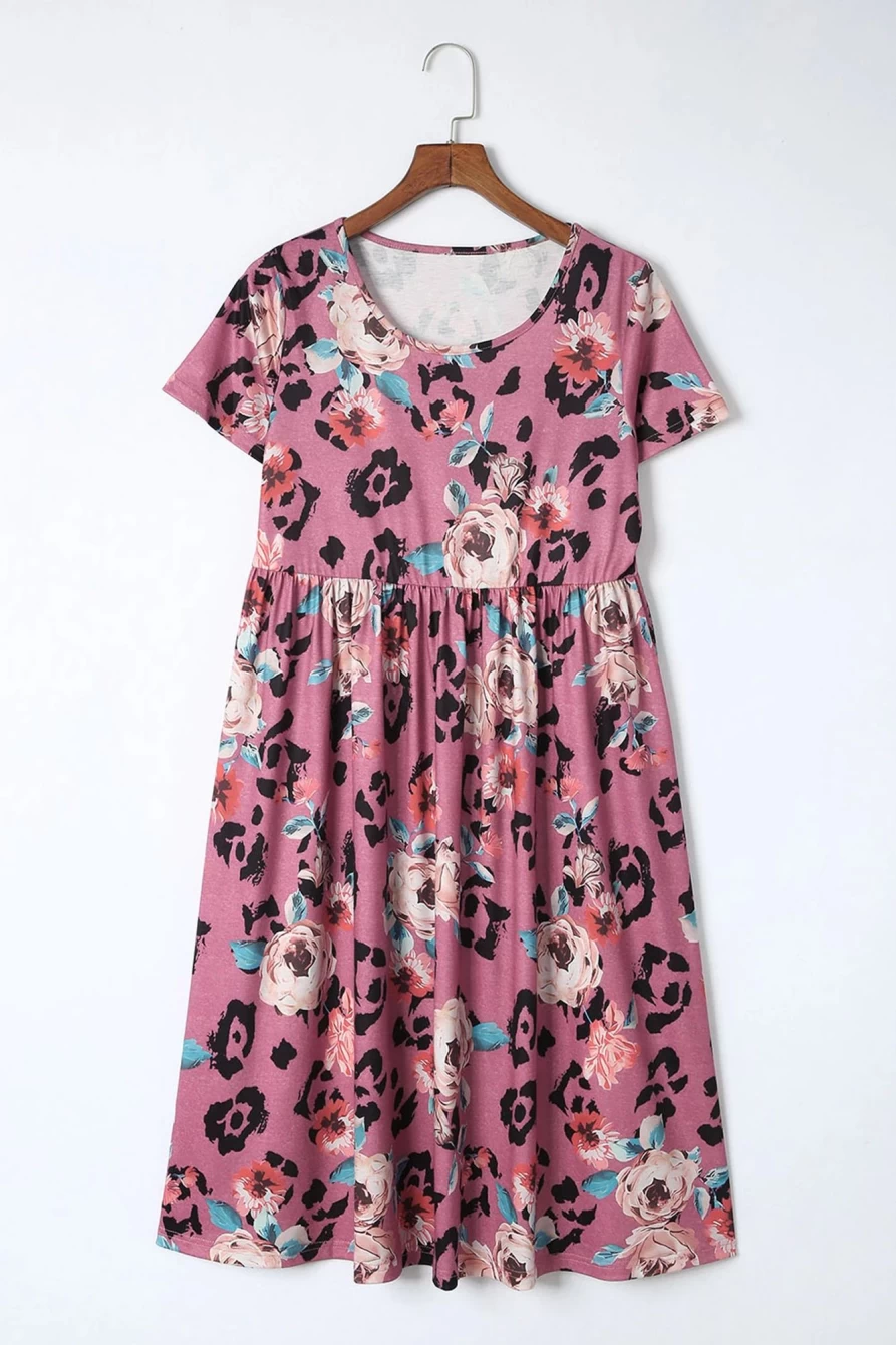 Shewin Women's Red Floral Print Short Sleeve A-Line High Waist Dress