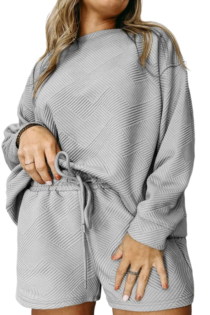Shewin Women's Light Grey Plus Size Textured Casual Shorts Two Piece Set