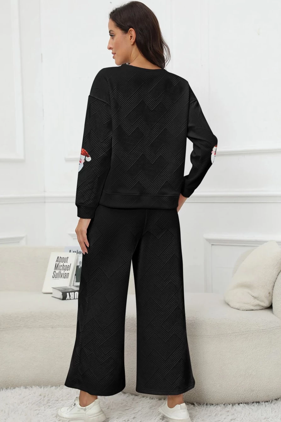 Women's Black Santa Claus Print Textured Pants Set - Shewin Christmas Holiday Party Trousers