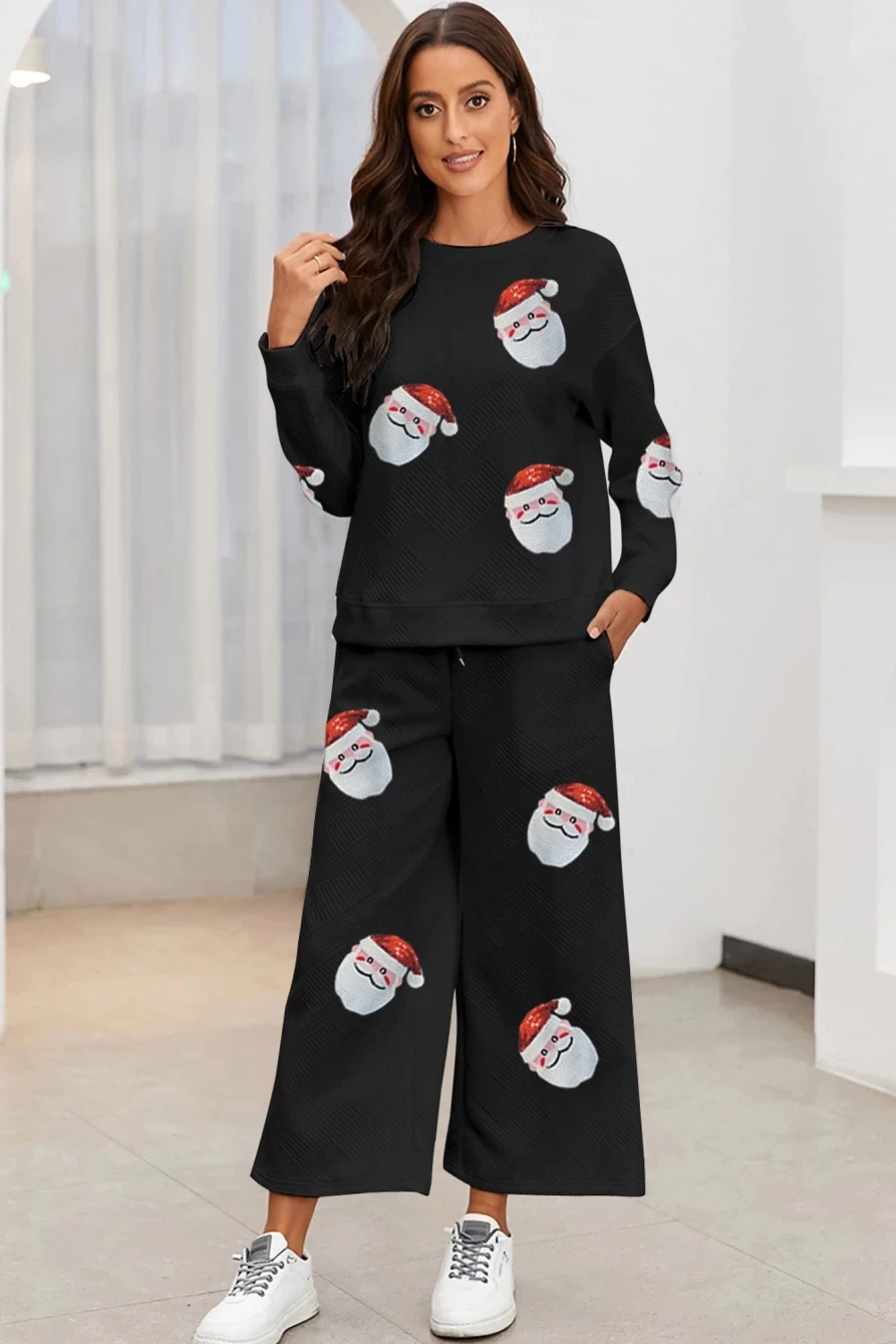 Women's Black Santa Claus Print Textured Pants Set - Shewin Christmas Holiday Party Trousers
