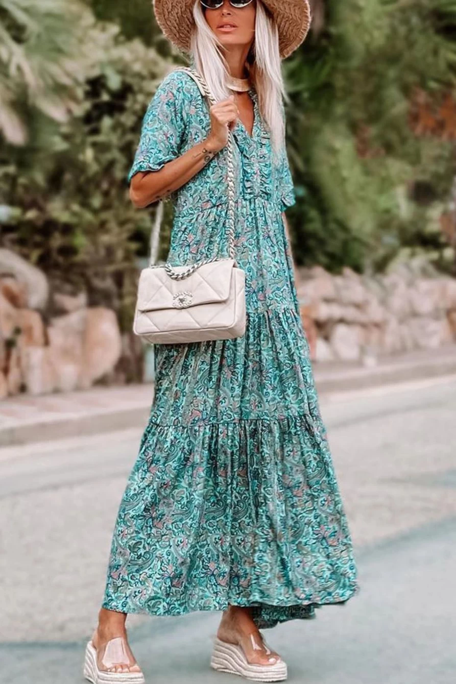 "SheWin Women's Sky Blue Boho Paisley Print Split V-Neck Tiered Maxi Dress"