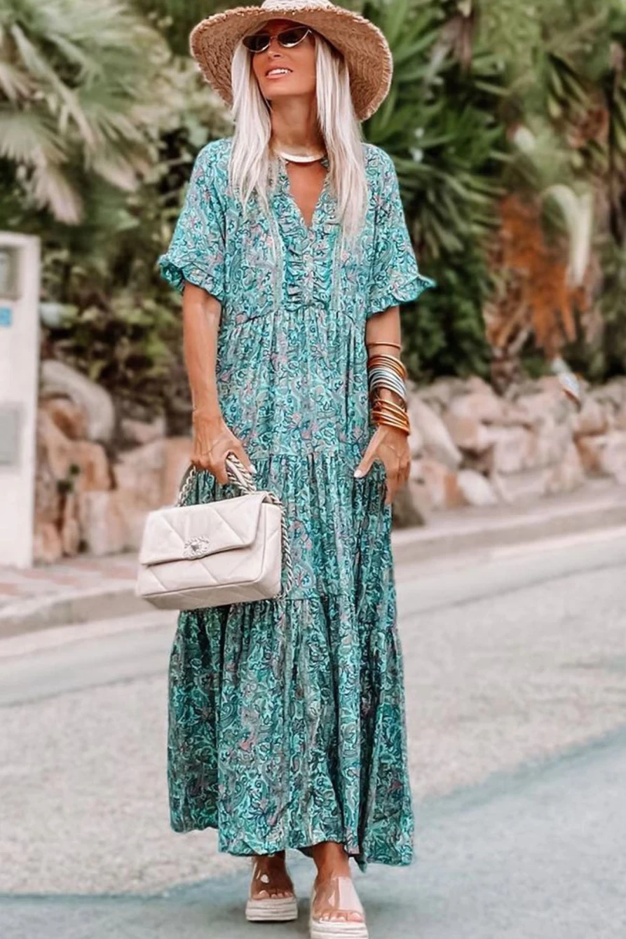 "SheWin Women's Sky Blue Boho Paisley Print Split V-Neck Tiered Maxi Dress"