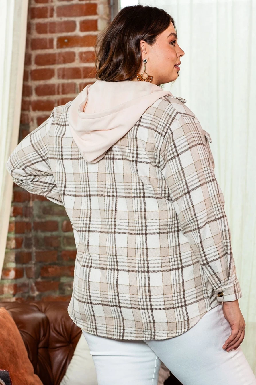 Shewin Women's Plus Size Khaki Printed Plaid Shacket with Contrast Hood
