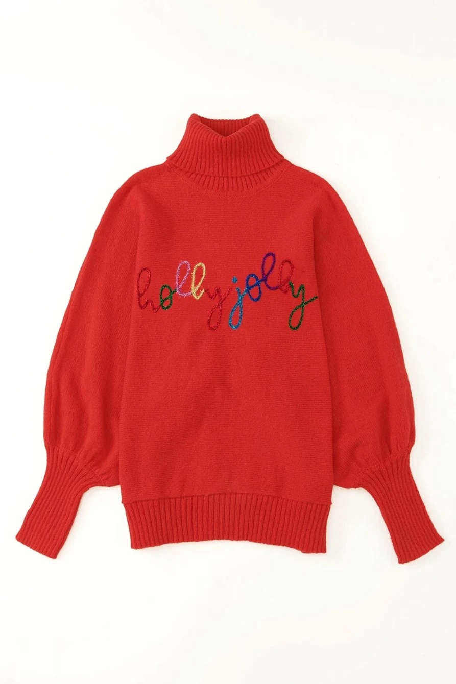 Shewin Women's Fiery Red Batwing Sleeve Christmas Sweater with Holly Jolly Letter Print