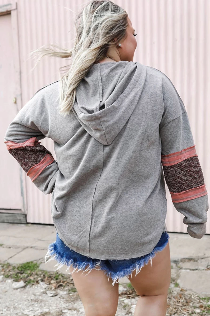 Shewin Women's Plus Size Gray Hoodie with Contrast Sleeve Patches