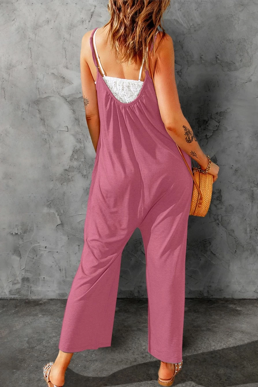Shewin Women's Pink Casual Spaghetti Straps Wide Leg Pocketed Jumpsuit