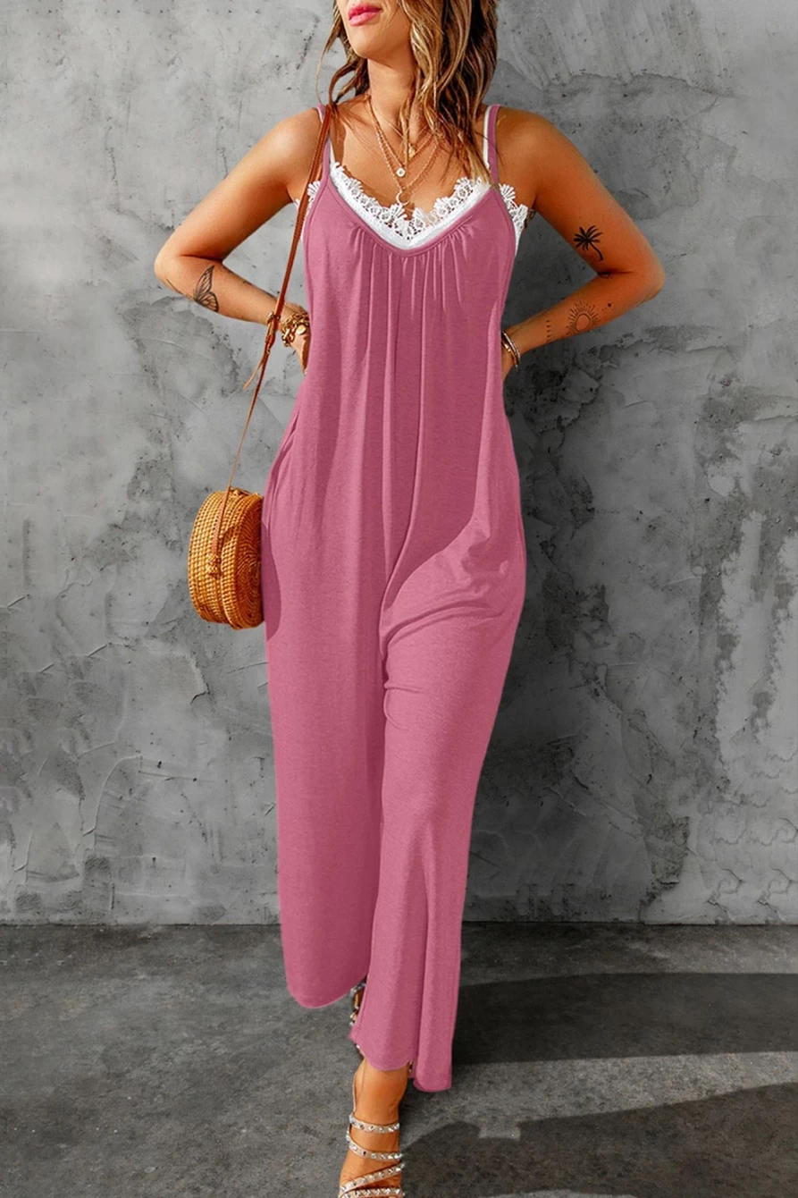 Shewin Women's Pink Casual Spaghetti Straps Wide Leg Pocketed Jumpsuit