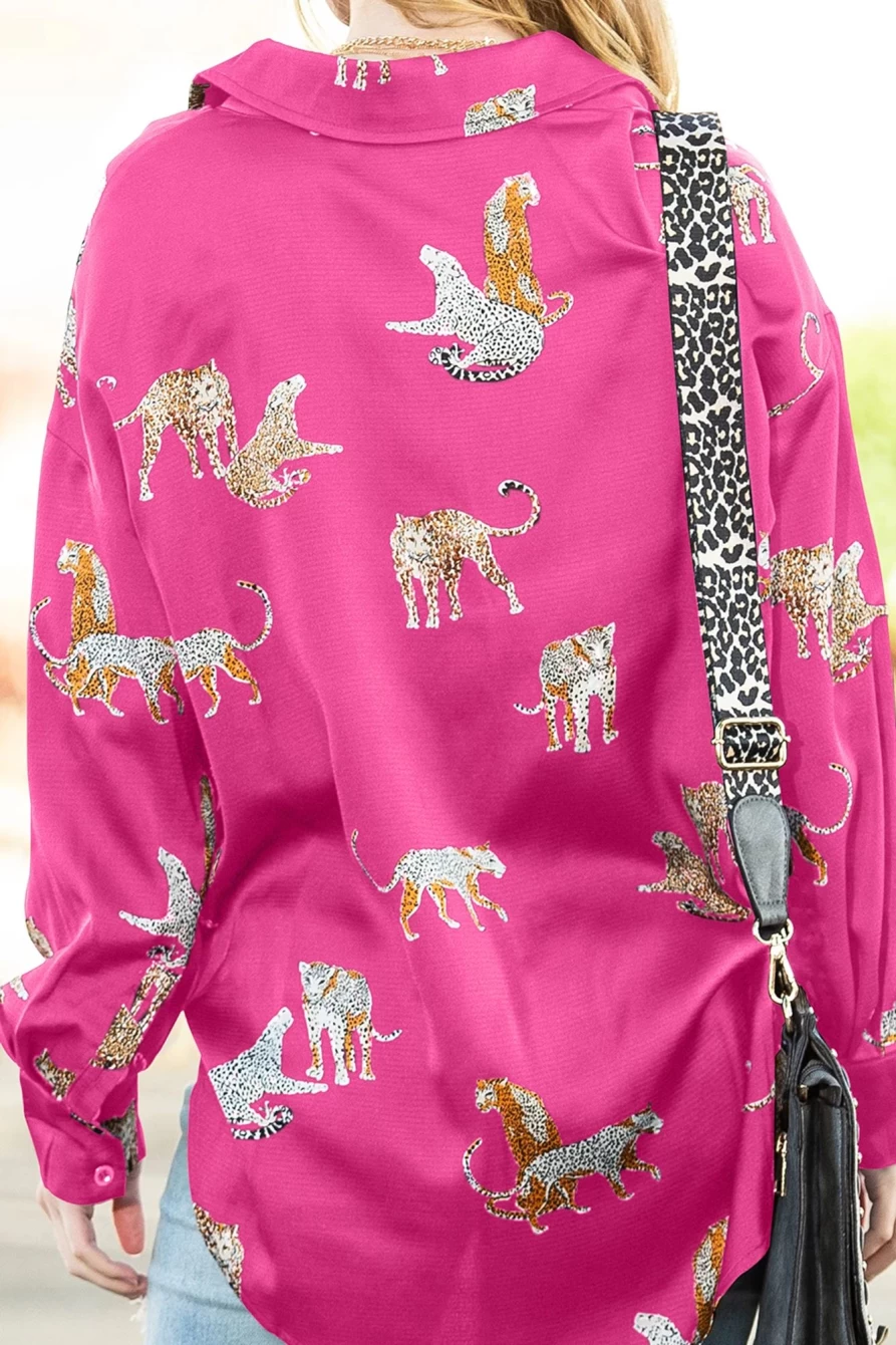 "SheWin Women's Rose Red Animal Print Satin Button-Up Shirt"