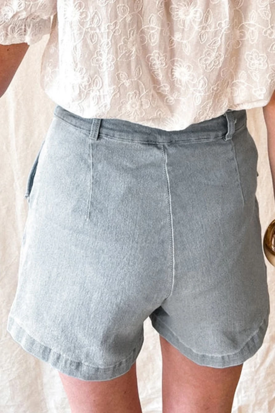 Shewin Women's Beau Blue High Waist Denim Shorts with Ruffles & Flap Pockets