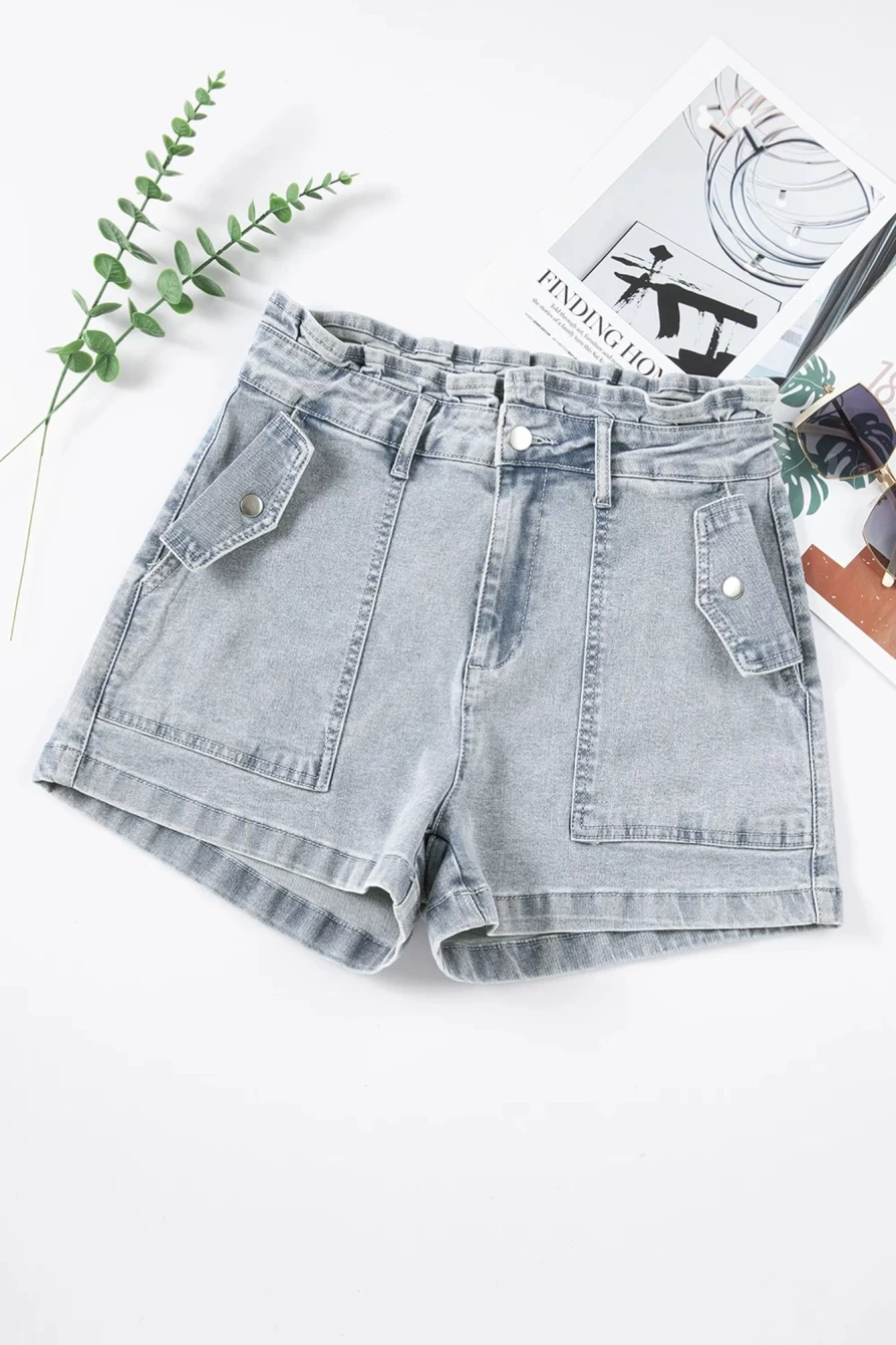 Shewin Women's Beau Blue High Waist Denim Shorts with Ruffles & Flap Pockets
