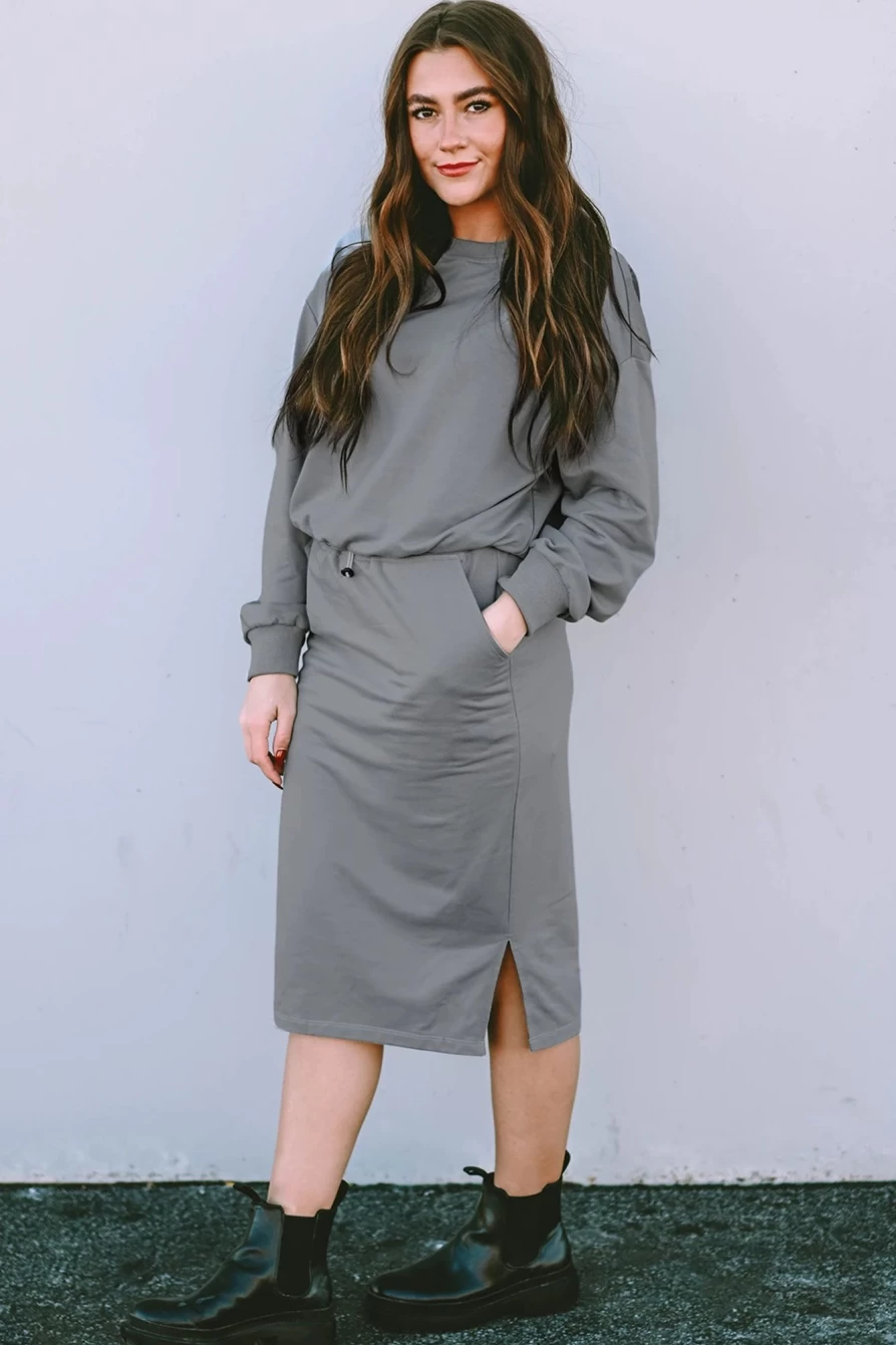 Shewin Women's Dark Grey Drop Sleeve Pullover & Slit Midi Skirt Set