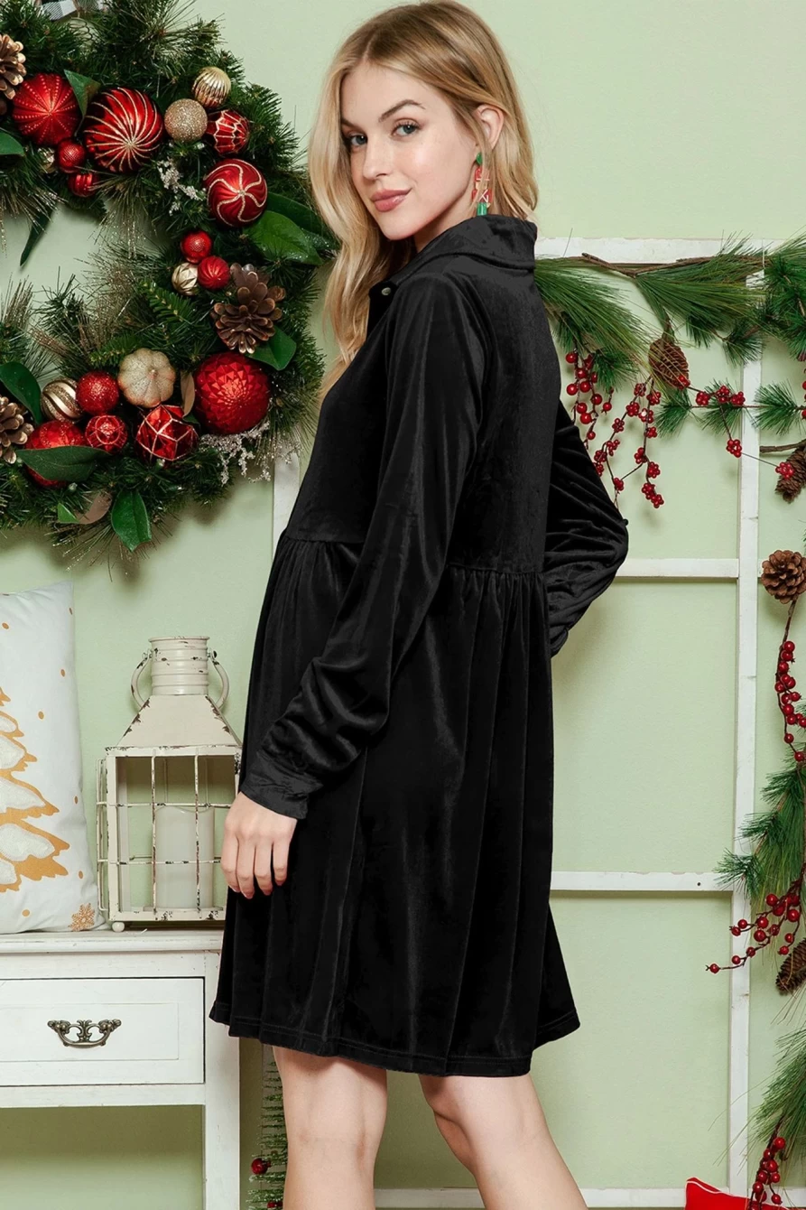 Shewin Women's Black Velvet Button Up Long Sleeve Babydoll Shirt Dress