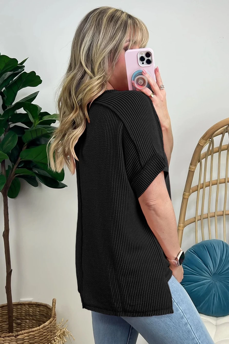 Shewin Women's Black Ribbed Knit T-Shirt with Exposed Seam & Round Neck
