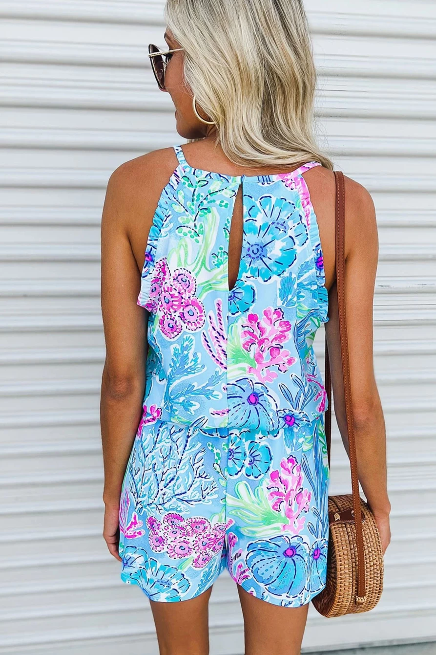 Shewin Women's Pink Floral Printed Sleeveless Halter Neck Romper Jumpsuit Summer Beach Outfit