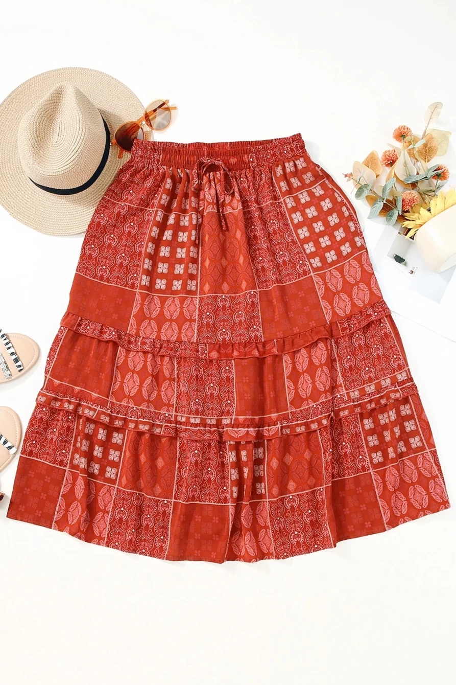 "SheWin Women's Red Bohemian Long Floral Print Flowy Skirt"