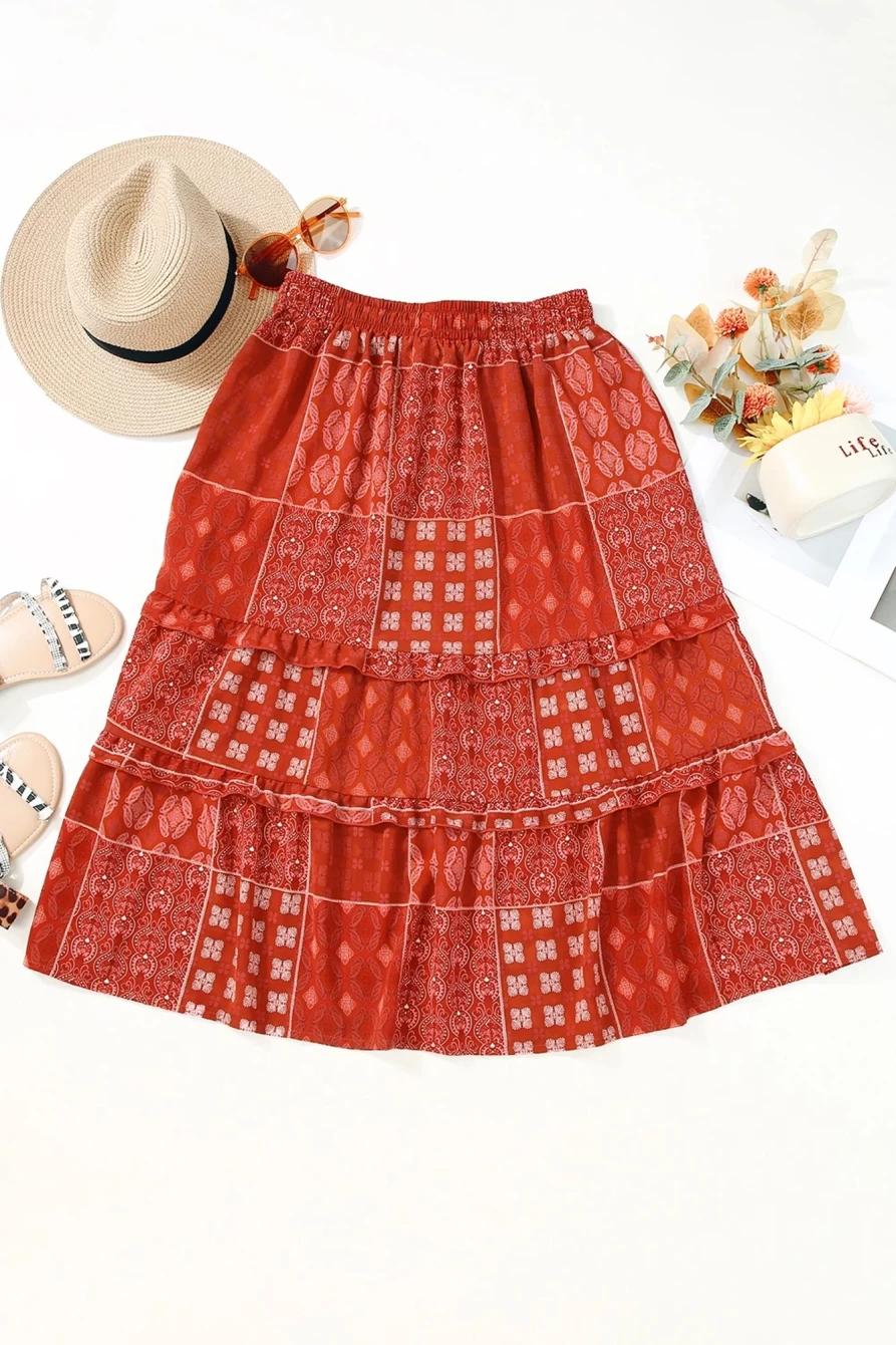 "SheWin Women's Red Bohemian Long Floral Print Flowy Skirt"