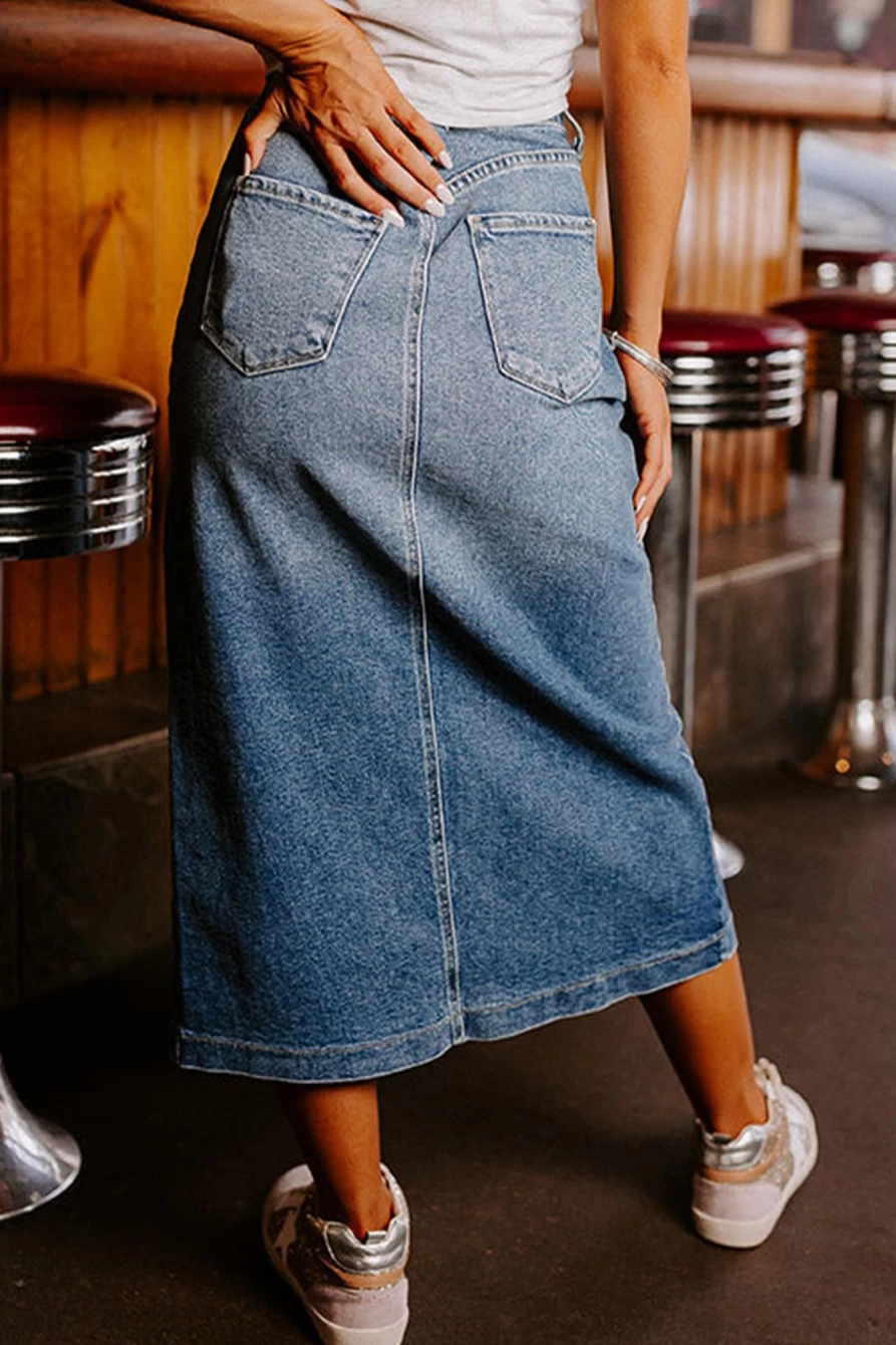 Shewin Women's Sky Blue Denim Midi Skirt with 4 Patch Pockets & Front Slit