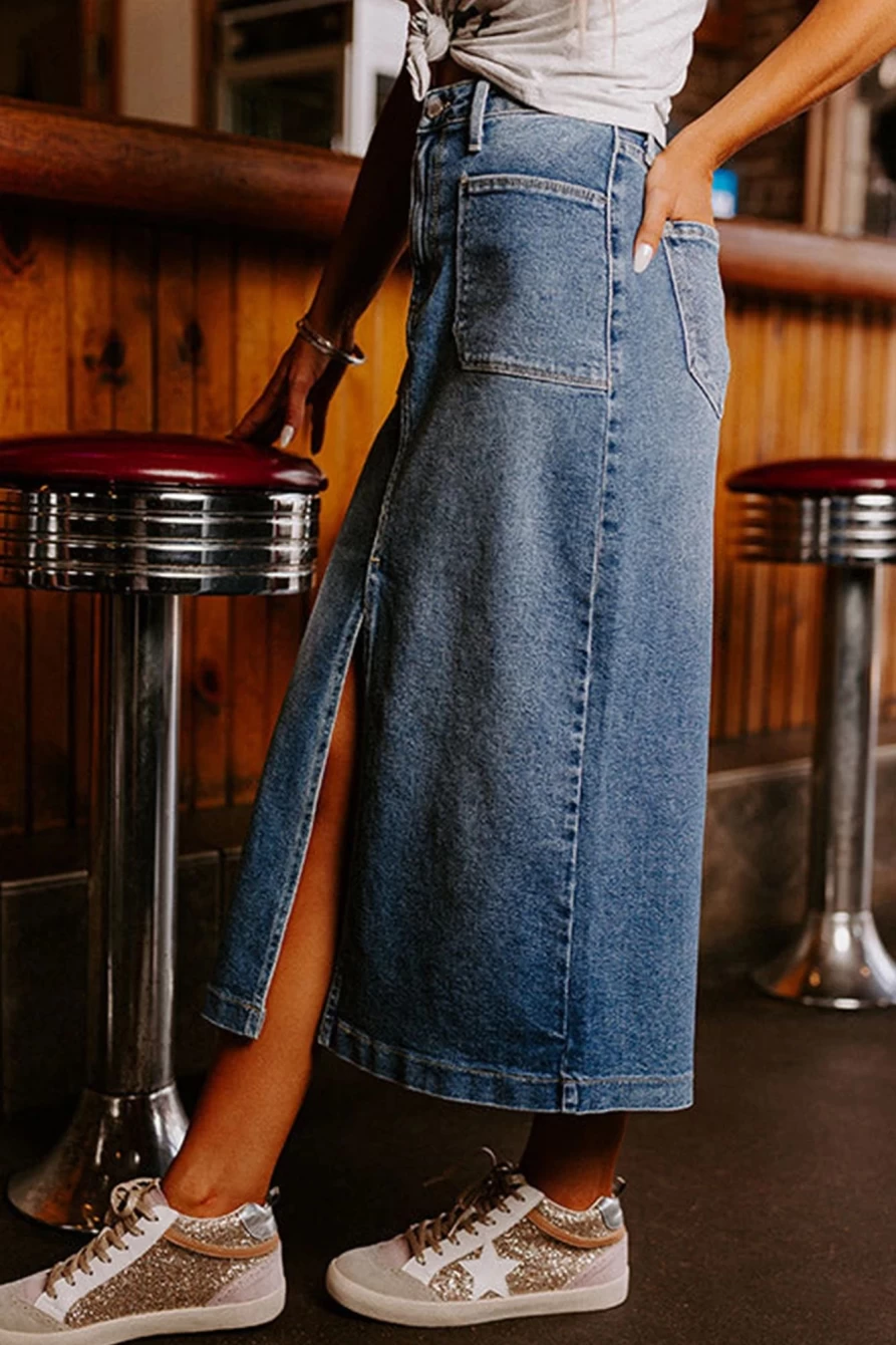 Shewin Women's Sky Blue Denim Midi Skirt with 4 Patch Pockets & Front Slit