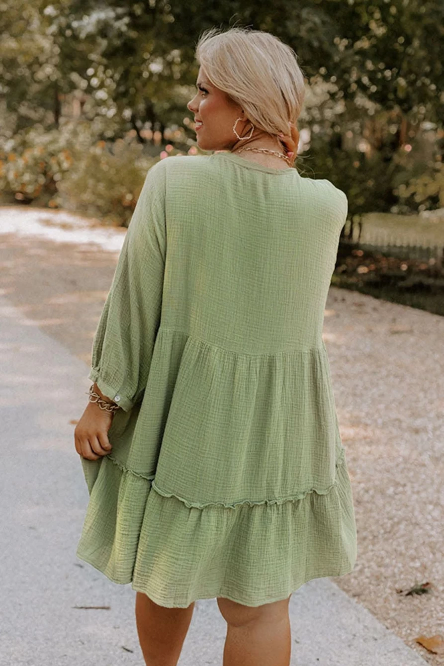 Shewin Women's Plus Size Green Textured Ruffled V-Neck Short Dress with Button Details