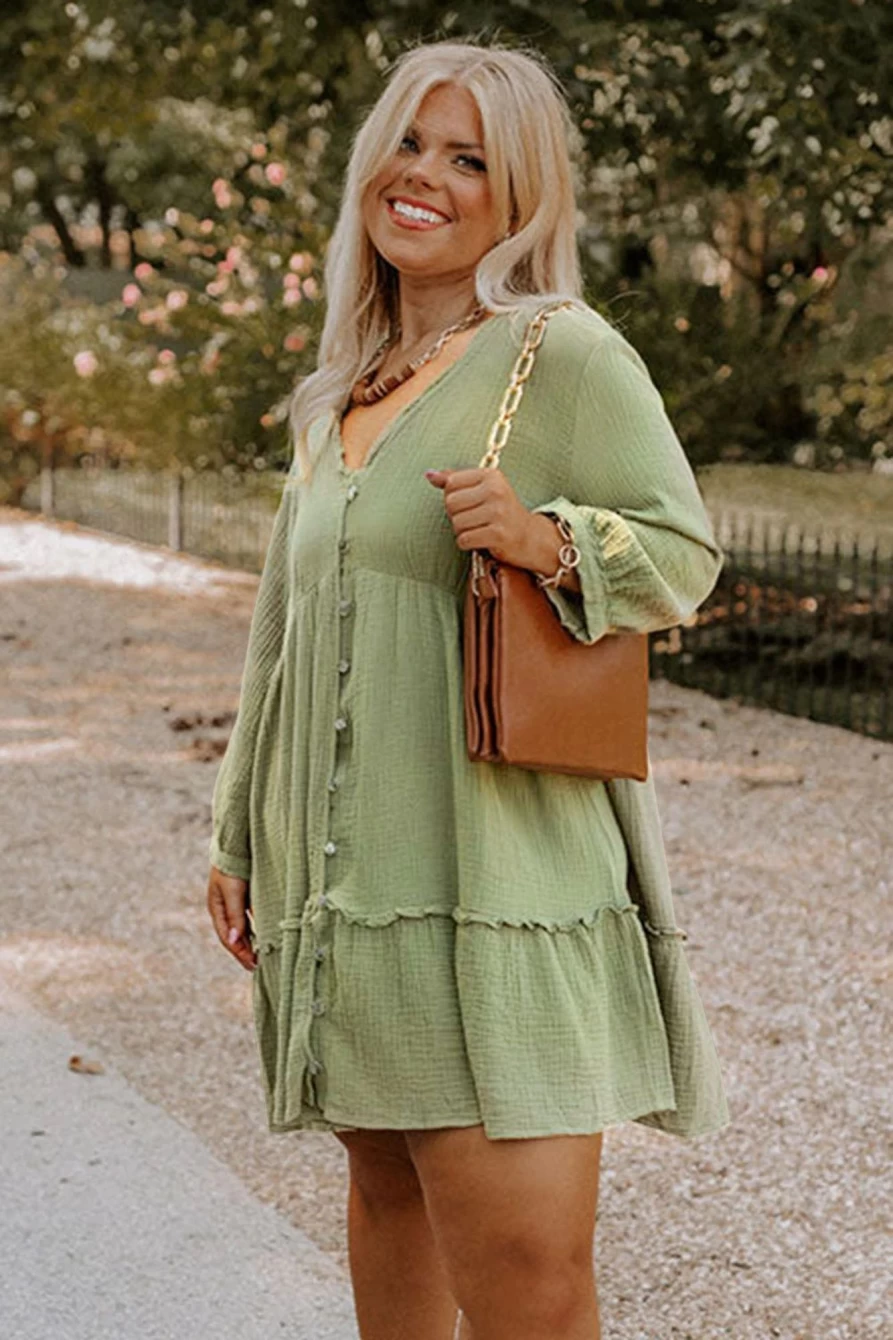Shewin Women's Plus Size Green Textured Ruffled V-Neck Short Dress with Button Details