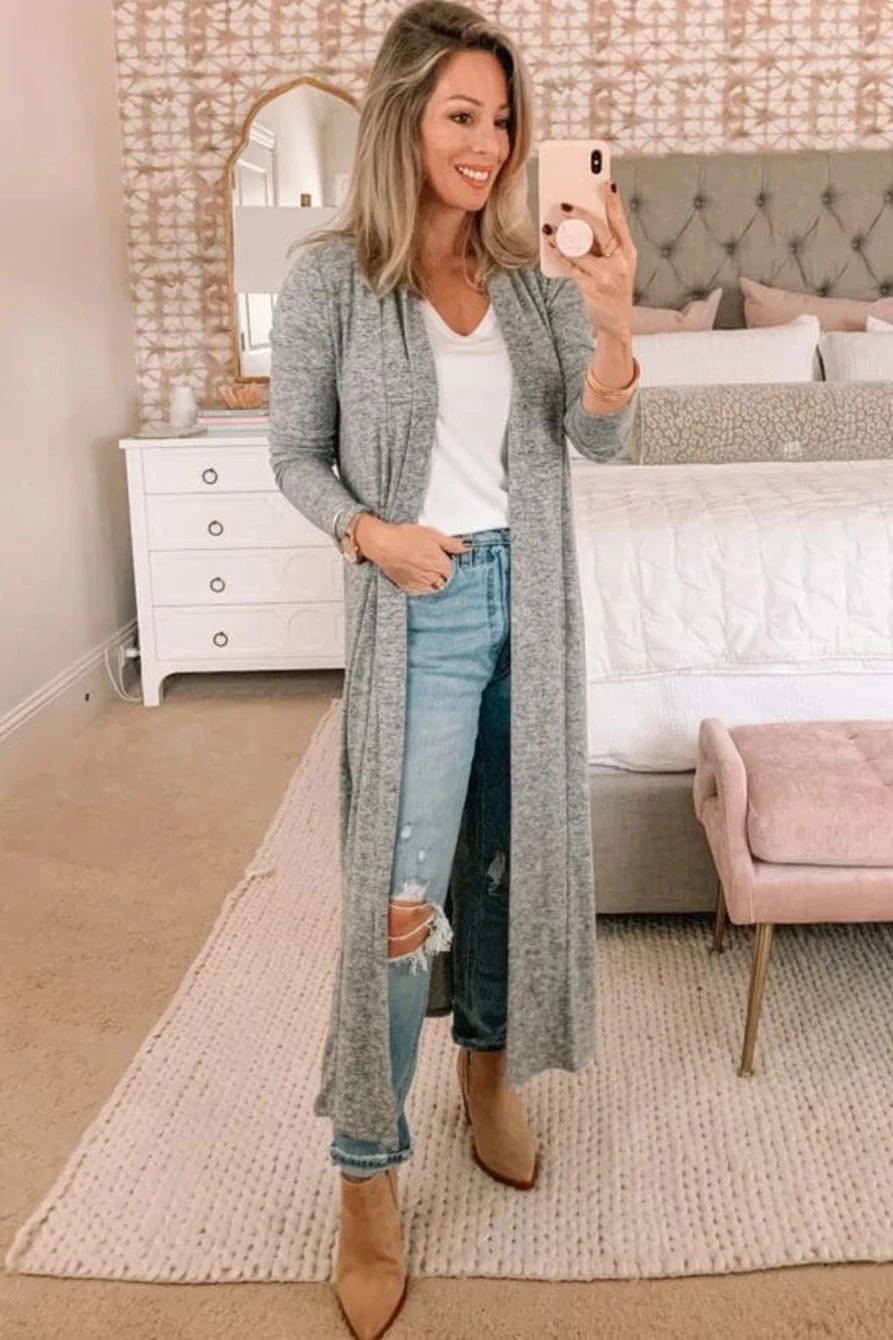 Shewin Women's Gray Casual Long Cardigan with Tie Back and Open Front