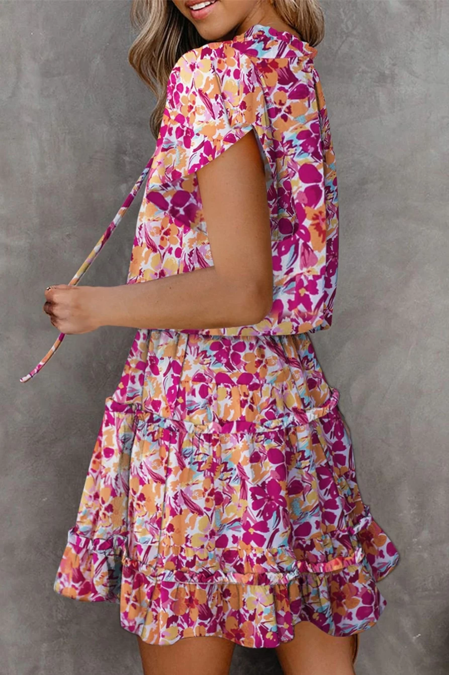 Shewin Women's Multicolor Floral Print Tie V-Neck Ruffle Short Sleeve Dress
