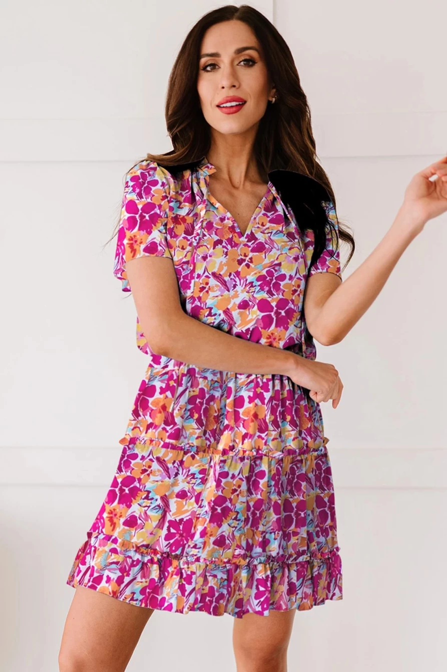 Shewin Women's Multicolor Floral Print Tie V-Neck Ruffle Short Sleeve Dress