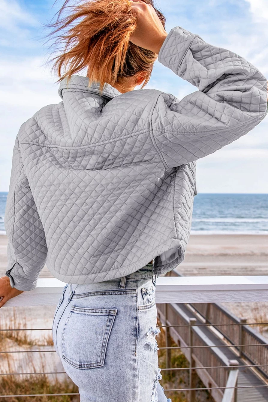 Shewin Women's Gray Quilted Cropped Jacket with Pockets & Zip-Up Front