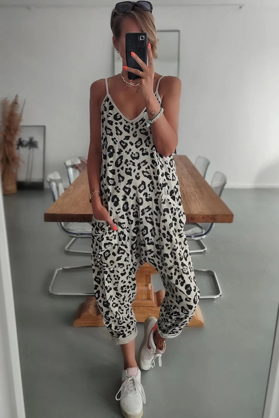 Shewin Women's Leopard Print Casual Sleeveless Jogger Jumpsuit with Strap