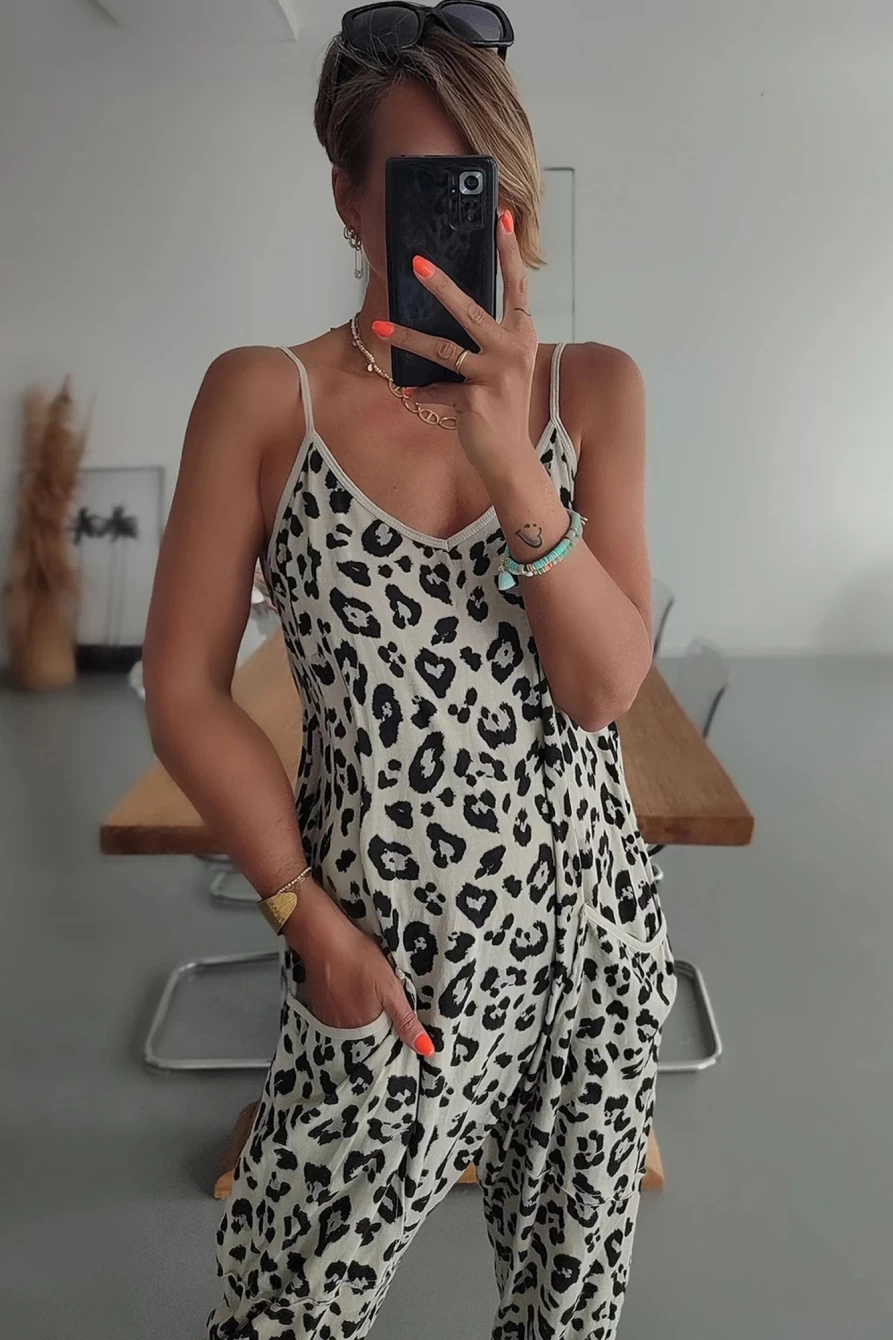 Shewin Women's Leopard Print Casual Sleeveless Jogger Jumpsuit with Strap