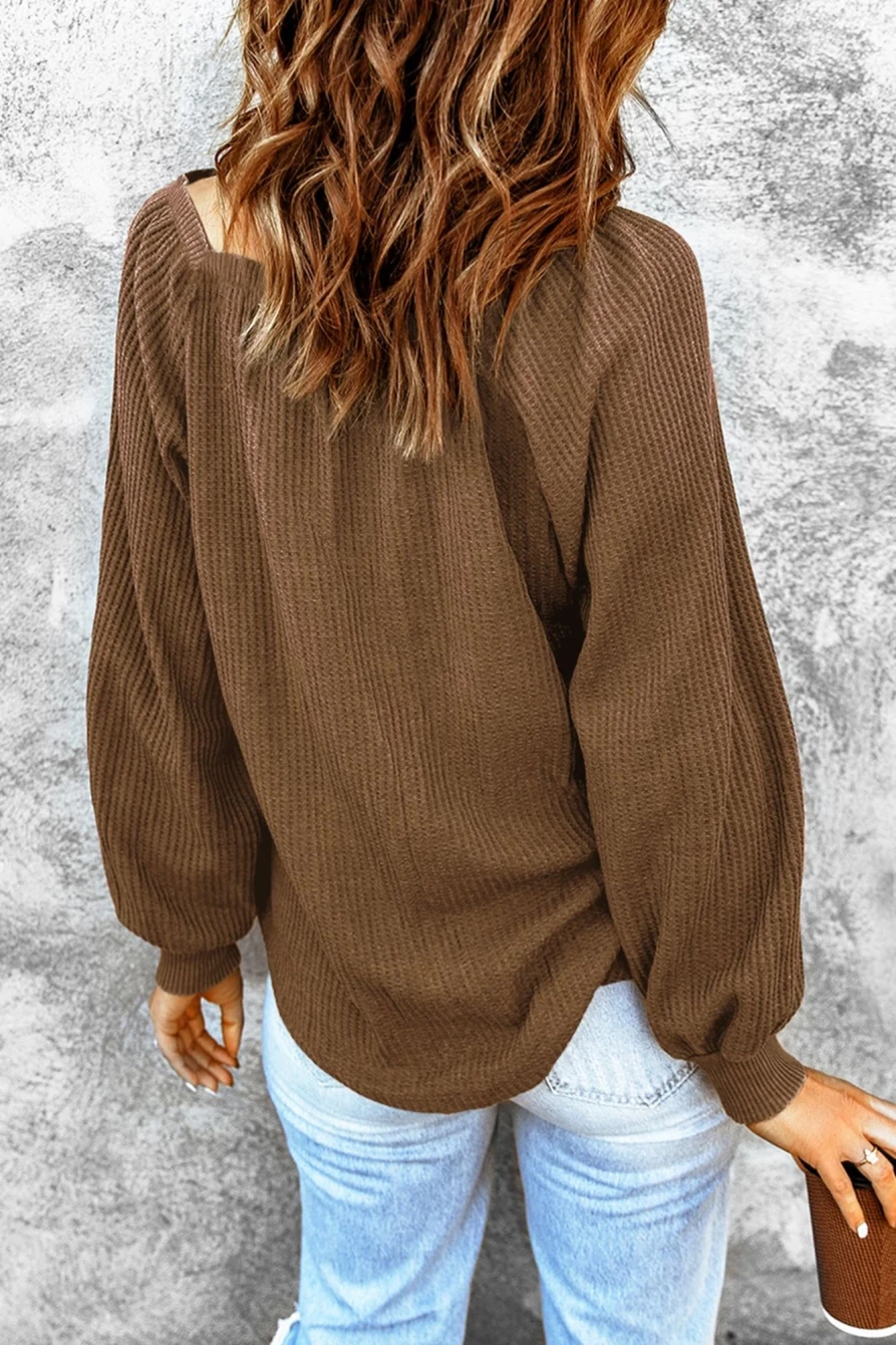 Shewin Women's Brown Waffle Texture Square Neck Casual Pullover Top