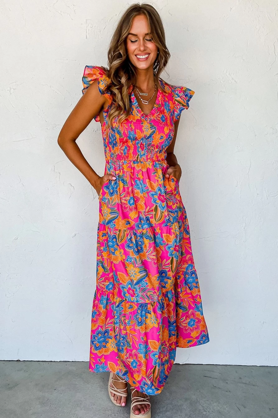 Shewin Women's Boho Floral V-Neck Ruffle Tiered Long Dress in Rose Red