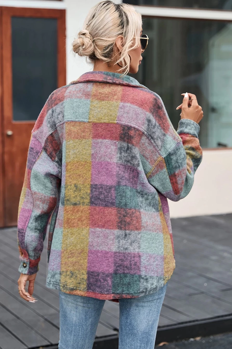 Shewin Women's Multicolor Brushed Plaid Overshirt with Pockets - Stylish & Comfortable Shacket