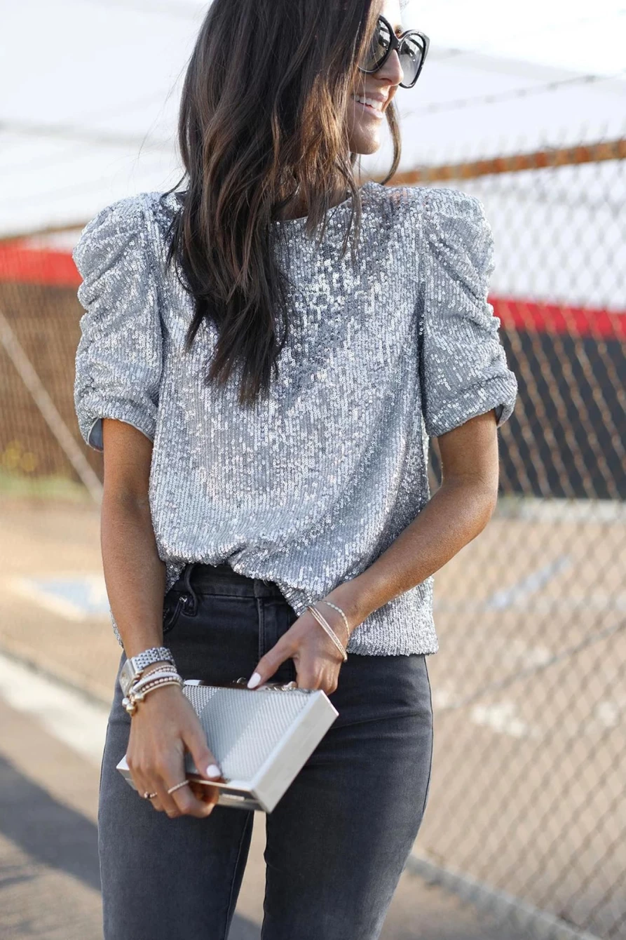 Shewin Women's Silvery Ruched Puff Sleeve Sequins Blouse Top