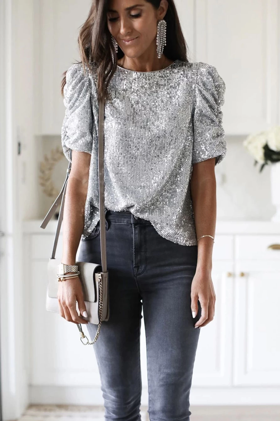 Shewin Women's Silvery Ruched Puff Sleeve Sequins Blouse Top