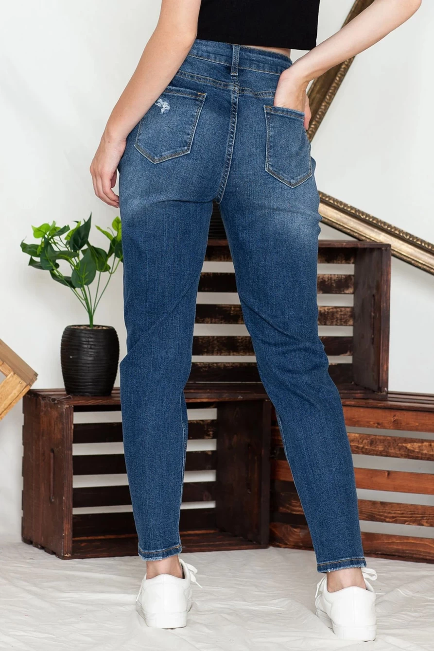 Shewin Women's Blue Distressed High Waist Skinny Jeans with Button Fly