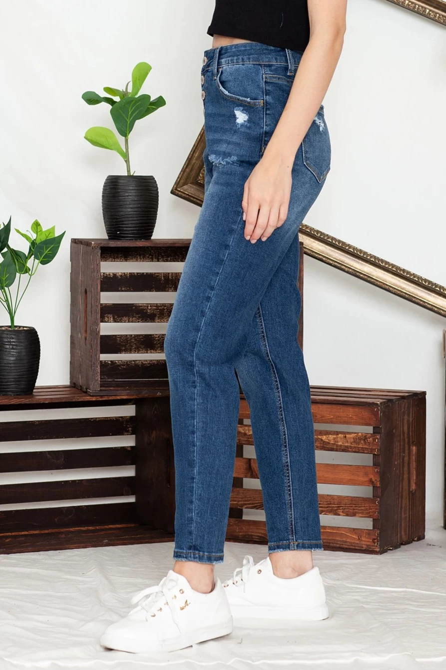 Shewin Women's Blue Distressed High Waist Skinny Jeans with Button Fly