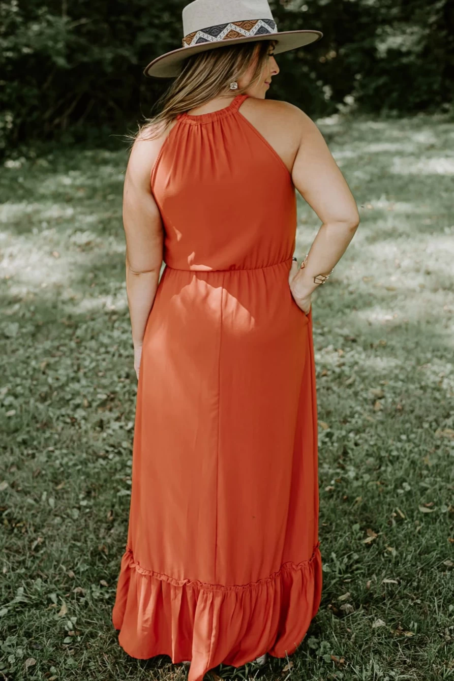 Shewin Women's Plus Size Russet Orange Ruffled Hem Sleeveless Maxi Dress