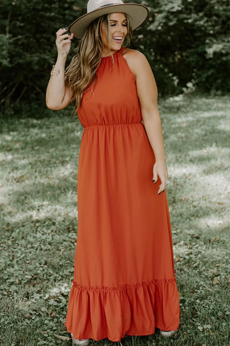 Shewin Women's Plus Size Russet Orange Ruffled Hem Sleeveless Maxi Dress
