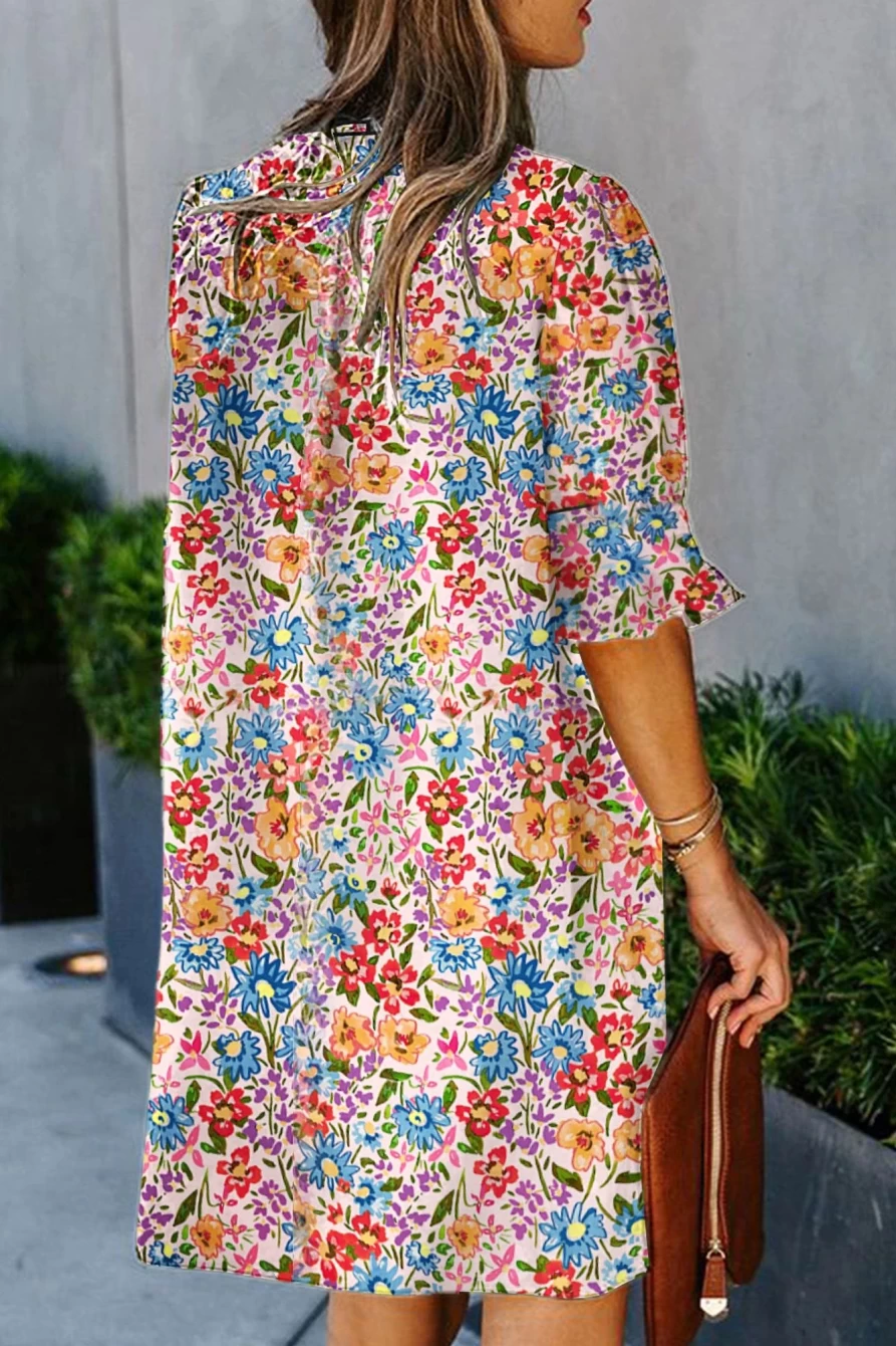 Shewin Women's Multicolor Floral Print Split V-Neck Casual Tunic Dress