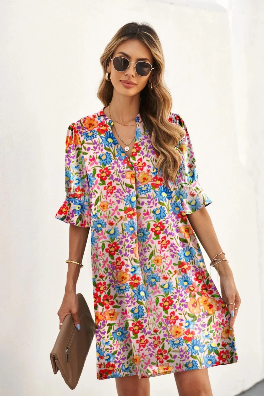 Shewin Women's Multicolor Floral Print Split V-Neck Casual Tunic Dress