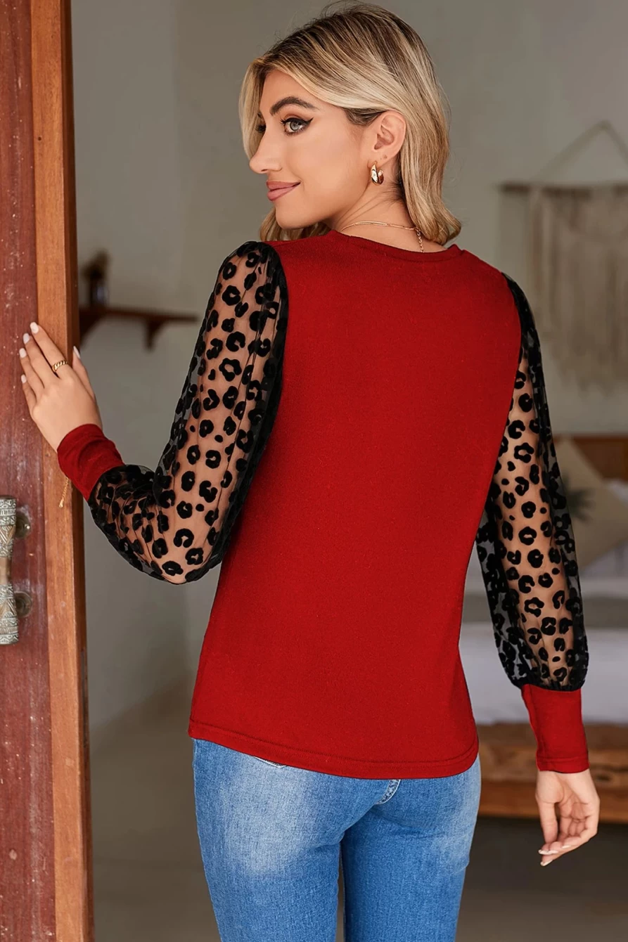 Shewin Women's Ruby Leopard Print Peasant Blouse with Transparent Sleeves