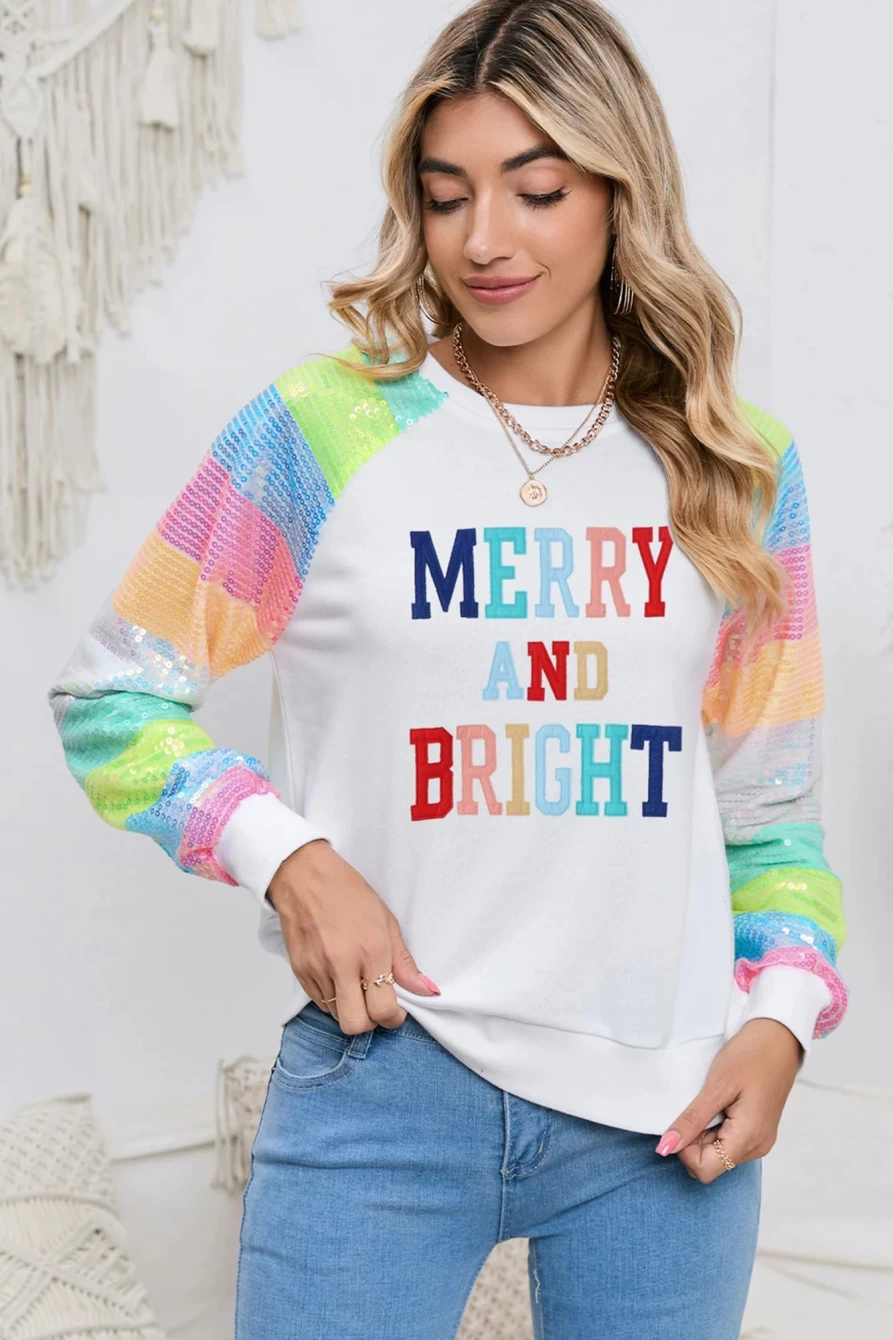 Women's White Colorblock Sequin Sleeve Christmas Graphic Sweatshirt by Shewin