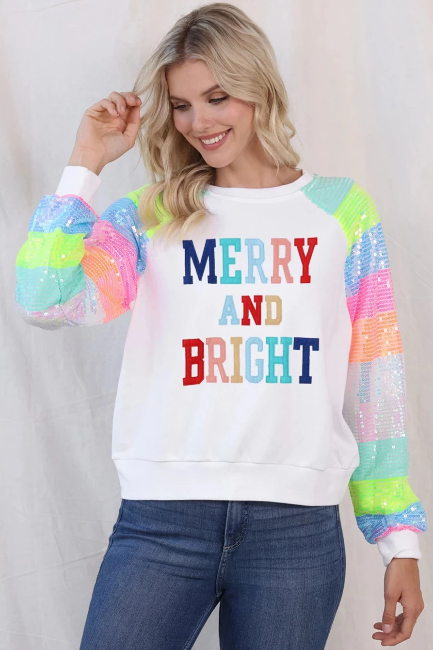 Women's White Colorblock Sequin Sleeve Christmas Graphic Sweatshirt by Shewin