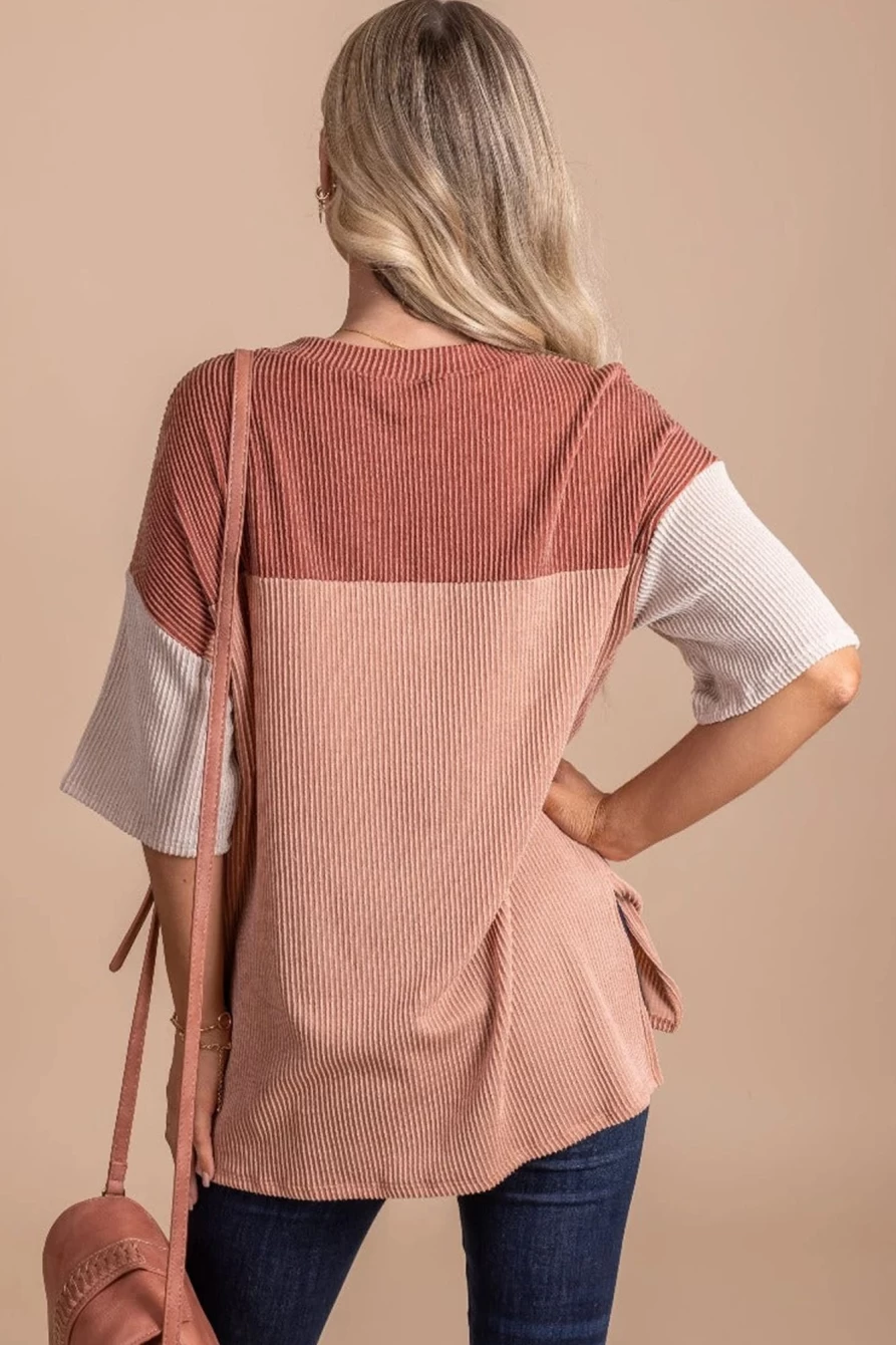 Shewin Women's Rose Pink Plus Size Colorblock Ribbed Drop Sleeve T-Shirt